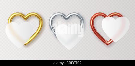 Set di cuori dorati decorativi con cornice opaca per il testo in stile morfismo in vetro, isolato su sfondo bianco. Illustrazione vettoriale 3D. Illustrazione Vettoriale