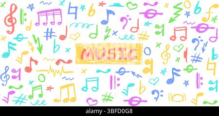 Note musicali colorate in stile scarabeo al carbone. Elementi pop di schizzo scritti a mano sul bianco per disegni audaci e scolastici. Un asilo con musica infantile carina Illustrazione Vettoriale