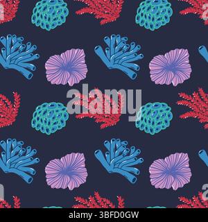 Colorato motivo di ispirazione marina con illustrazioni di Corallo e Sea Life Illustrazione Vettoriale