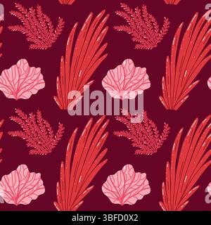 Motivo senza cuciture con alghe marine astratte rosse e rosa su sfondo Bordeaux Illustrazione Vettoriale