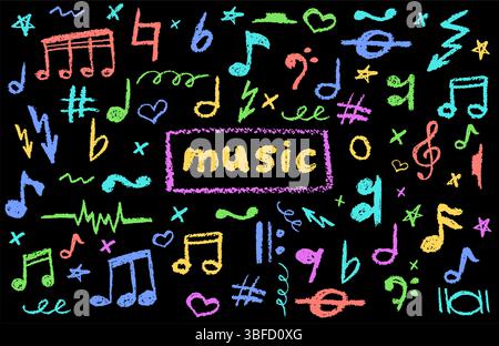 Illustrazione vettoriale di note musicali colorate in stile scarabeo al carbone. Elementi pop di schizzo scritti a mano sul nero per disegni artistici e audaci. Carino Illustrazione Vettoriale