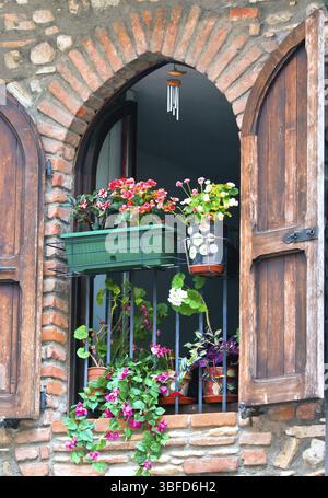 Vecchio muro di mattoni con fiori rossi luminosi sulla finestra. scatto verticale Foto Stock