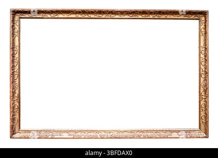 cornice dorata intagliata stretta orizzontale antica su sfondo bianco Foto Stock
