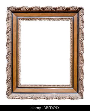 vecchia cornice verticale intagliata in argento e legno marrone su sfondo bianco Foto Stock