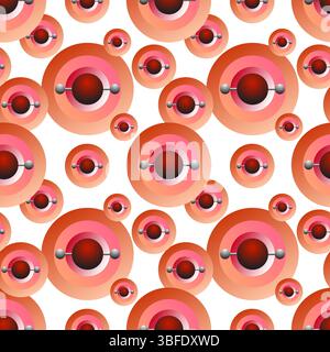 Vivace motivo astratto senza cuciture con molecole d'acqua rosse e rosa stilizzate su sfondo bianco. Questo design scientifico contemporaneo combina Illustrazione Vettoriale