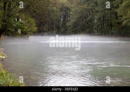Sorgente del fiume Bosna, Sarajevo-Ilidza. Un tranquillo fiume Bosna, con delicata nebbia che galleggia sulla sua superficie, incorniciato da un vivace fogliame autunnale, crea Foto Stock