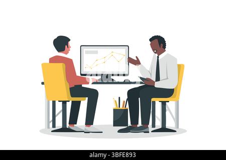 Due professionisti che collaborano alle strategie di crescita rivedendo l'analisi dei grafici per riunioni aziendali di pianificazione finanziaria Illustrazione Vettoriale