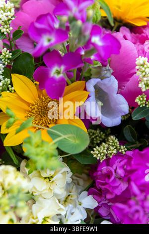 Bouquet di fiori avvolti di fiori primaverili misti. Splendidi fiori freschi dai colori vivaci. Bouquet di compleanno con peonie e girasoli Foto Stock