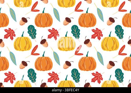 Grazioso motivo autunnale senza cuciture con foglie, ghiande, rowan, zucca, frutti di bosco in stile piatto. Design dello sfondo per il pacchetto autunnale, carta da parati. Illustrazione Vettoriale