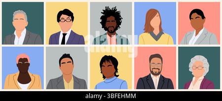 Set di diversi uomini multirazziali, avatar femminili Illustrazione Vettoriale
