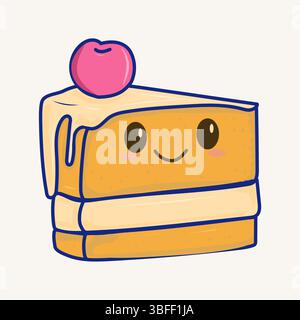 Vettoriale piatto di un pezzo di torta stile cartoni animati kawaii con torta sorridente con ciliegia Illustrazione Vettoriale