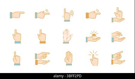 Set di icone vettoriali mani lineari, foglio icone. Illustrazione Vettoriale