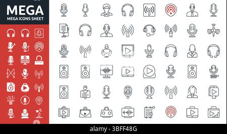 Set di icone vettoriali podcast lineare, foglio icone. Illustrazione Vettoriale