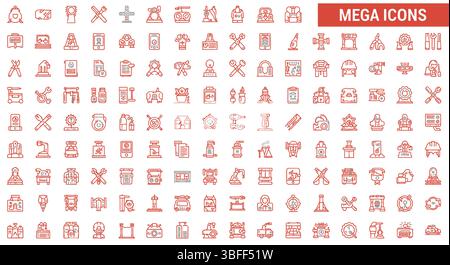 Set di icone vettoriali lineari da officina, foglio delle icone. Illustrazione Vettoriale