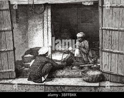 Venditore di grano e farina a Patna. Pradesh, Stato federale indù del Bihar, India. Disegno di A. Duvivier. Viaggi in India centrale e nelle Presidenze di Bombay e Bengala, 1876 di Louis Theophile Marie Rousselet (1845-1929) le Tour du Monde 1874 Foto Stock