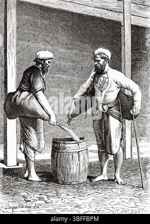 Vettori d'acqua di Calcutta, stato del Bengala Occidentale. India. Disegno di Frederic Laguillerme (1841-1934) viaggi in India centrale e nelle Presidenze di Bombay e Bengala, 1876 di Louis Theophile Marie Rousselet (1845-1929) le Tour du Monde 1874 Foto Stock