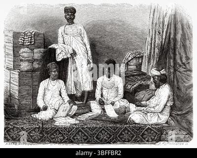 Mercanti di Calcutta. Marwaris nativi di Marwar nel Rajpootana. Kolkata, stato del Bengala Occidentale. India. Disegno di A. Duvivier. Viaggi in India centrale e nelle Presidenze di Bombay e Bengala, 1876 di Louis Theophile Marie Rousselet (1845-1929) le Tour du Monde 1874 Foto Stock