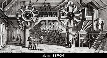 Batteria di pestelli per la macinazione di minerali d'argento, fabbriche di Gould e Curry, Virginia City. Nevada, Stati Uniti d'America. Disegno di Auguste Jahandier (1837-1875) viaggio da Washington a San Francisco, 1868 di Lambert Marius Laurent Louis Simonin (1830-1886) le Tour du Monde 1874 Foto Stock