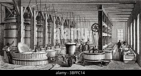 Laboratorio di purificazione dell'amalgama d'argento, fabbrica di Gould e Curry a Virginia City, Nevada, Stati Uniti d'America. Disegno di Auguste Jahandier (1837-1875) viaggio da Washington a San Francisco, 1868 di Lambert Marius Laurent Louis Simonin (1830-1886) le Tour du Monde 1874 Foto Stock