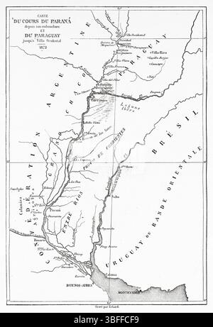 Mappa del corso del fiume Paraná dalla foce a Villa Occidental, 1873. America centrale del Sud. Paraguay, frammenti di giornale e corrispondenza, 1872-1873 di Louis Forgues. Le Tour du Monde 1874 Foto Stock