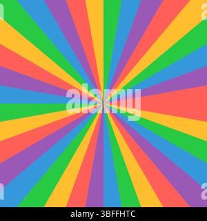 Sfondo a spirale con motivo sunburst retrò. Turbolenza arcobaleno. Illustrazione ipnotica con burst radiale psichedelico degli anni '70 Foto Stock