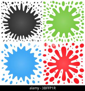 Set di quattro spruzzi con tanti piccoli spruzzi su sfondo bianco. Illustrazione vettoriale Illustrazione Vettoriale