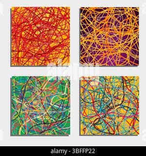 Set di quattro splendidi sfondi astratti con linee colorate in movimento. Sfondo luminoso di linee curve con molti colori. Illustrazione vettoriale. Illustrazione Vettoriale