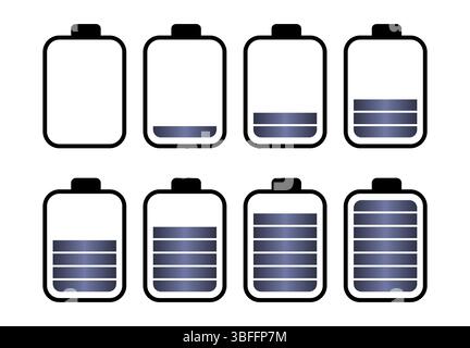 Un set di otto batterie con diversi indicatori di carica. Illustrazione vettoriale Illustrazione Vettoriale