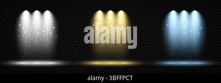 Illuminazione con faretto. Set di tre effetti di illuminazione scenografica con luce bianca fredda, gialla e blu su uno sfondo trasparente scuro. Il vettore Illustrazione Vettoriale
