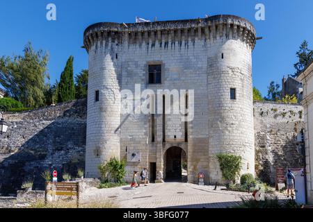 Castello di Loches con targa commemorativa di Giovanna d'Arco, Loches; Indre-et-Loire; Francia centrale Foto Stock