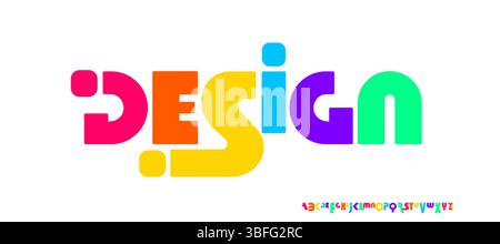 Alfabeto creativo colorato, lettere geometriche colorate, allegro carattere cartoni animati per il branding dei bambini felici, titolo luminoso, tipografia gioiosa, vivace Illustrazione Vettoriale