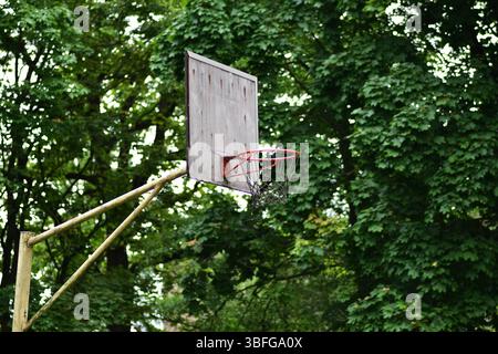 Un canestro da basket all'aperto intempestivo con una tavola posteriore in legno adagiata su uno sfondo verde lussureggiante. La rete è parzialmente strappata. Foto Stock