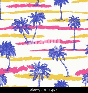 Motivo tropicale multicolore senza cuciture con palme e strisce acquerello. Spiaggia estiva sullo sfondo. Illustrazione dello schizzo disegnato a mano vettoriale. Tessuto alla moda Illustrazione Vettoriale