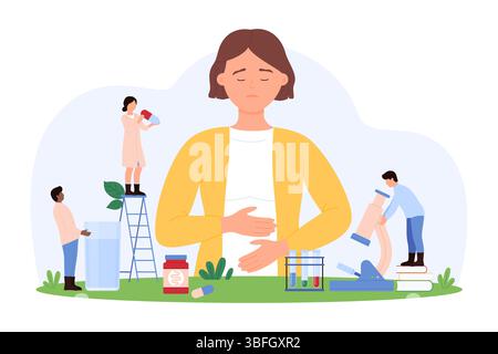 Illustrazione vettoriale di piccole persone che utilizzano scale e strumenti per affrontare una donna dolore addominale, concentrandosi su assistenza sanitaria, intervento medico, e trattamento di problemi digestivi. Illustrazione Vettoriale