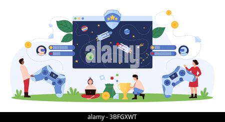 Illustrazione vettoriale di piccole persone che giocano ai videogame con controller e schermi, che rappresentano la cultura del gaming, l'intrattenimento e l'interazione digitale. Illustrazione Vettoriale