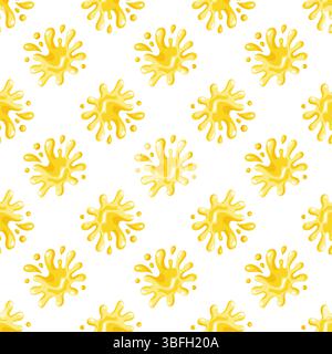 Motivo estivo senza cuciture con succo di limone dinamico giallo spruzza di giallo brillante. Vettore cartoni animati su sfondo bianco Illustrazione Vettoriale