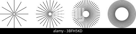 Linee radiali dritte. Set di icone dei raggi solari isolate su sfondo bianco. Forme luccicanti o scintillanti. Simboli di radianza, esplosione o fuochi d'artificio. Illustrazione grafica vettoriale. Illustrazione Vettoriale