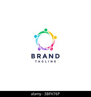 Cinque persone colorate riunite con il logo Circle. Design del logo Union of Five Colorful People. Illustrazione Vettoriale