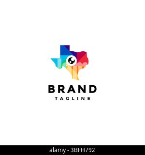 Occhi all'interno del colorato design del logo della mappa dello stato del Texas. Texas Map con Eyes e Color Spectrum Logo Design. Illustrazione Vettoriale