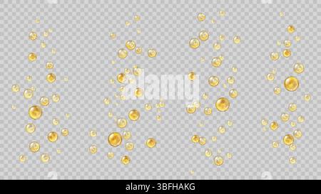 Siero di collagene giallo, bolle d'olio liquido. Cosmetici essenziali per la cura della pelle o pesce, ricino, olio da cucina d'oliva bolle vettoriali realistiche isolate. Goccioline trasparenti 3d isolate con succo di frutta, gel o miele Illustrazione Vettoriale