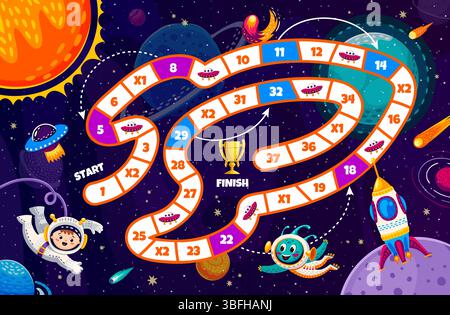 Gioco a gradini spazio bambini. Il foglio di lavoro interattivo vettoriale si insinua con un percorso tortuoso, divertenti alieni cartoni animati, astronauti e trofei. Quiz galattico per bambini e sessioni di gioco per tutta la famiglia e apprendimento divertente Illustrazione Vettoriale