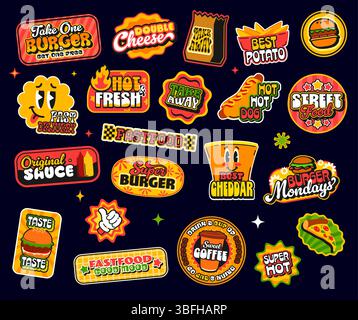 Adesivi da asporto per fast food da asporto y2k, etichette originali per toppe di cibo spazzatura con pizza vettoriale, hamburger, hot dog e bevanda al caffè. Retro y2k fastfood adesivi di hamburger, patatine fritte, stelle e cuore Illustrazione Vettoriale