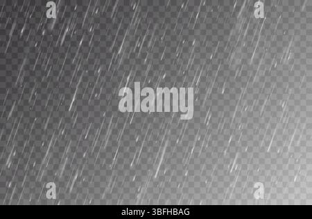Effetto pioggia, realistica trama vettoriale della pioggia in caduta. Le linee bianche inclinate imitano le gocce d'acqua veloci in movimento. Motivo a goccia con sfondo trasparente per sovrapporre le condizioni meteorologiche e creare un'atmosfera tempestosa Illustrazione Vettoriale