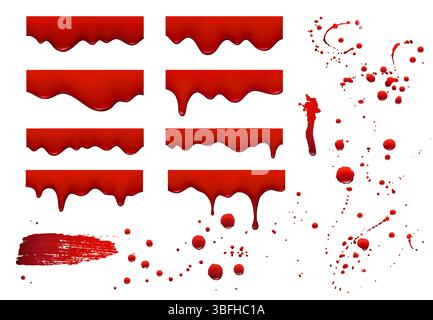 Sangue rosso o sciroppo gocciolano e fluiscono. Set vettoriale di forme liquide realistiche, macchie di spruzzi, macchie di spruzzi, striscio lucido e pennellate raffiguranti pittura o flusso di sangue per la notte horror di Halloween Illustrazione Vettoriale