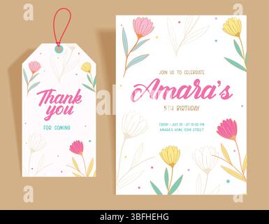 Set modello clipart scheda invito ragazza compleanno. Auguri di buon compleanno con fiori colorati tema festa clip art di festa grazie Illustrazione Vettoriale