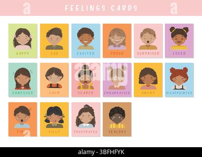 Illustrazione delle carte sensazioni, emozioni facciali dei bambini, materiale educativo, per bambini, asilo, carte in classe. Illustrazione vettoriale Illustrazione Vettoriale