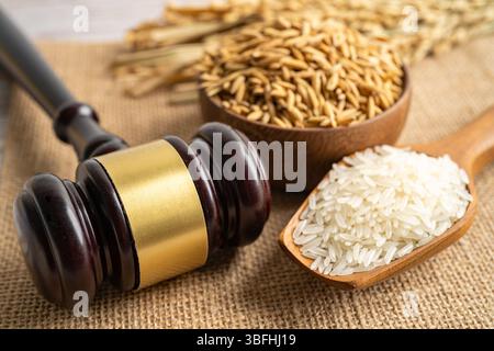 Giudice martello Gavel con riso di grano buono da agricoltura fattoria. Concetto di giustizia e diritto. Foto Stock