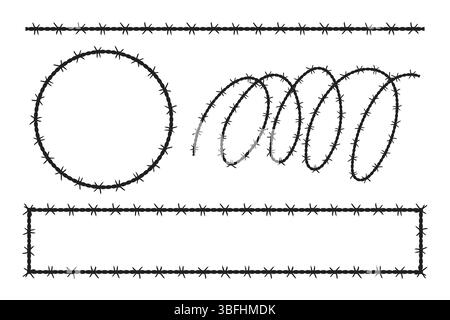 Composizione geometrica che mostra diversi elementi di filo spinato su sfondo bianco, evocando texture nitide. Illustrazione Vettoriale