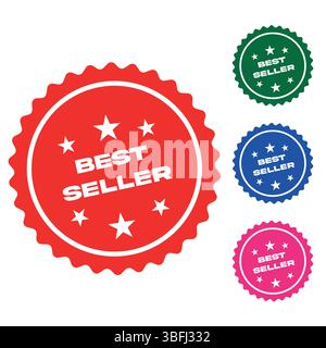 Set di distintivi BEST seller Vector | Badge rosso, verde, blu scuro e rosa su sfondo bianco Illustrazione Vettoriale