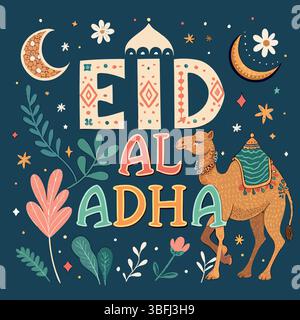 EID al-Adha Mubarak biglietto d'auguri Vector | Fiori, Lanterna e Camel Islamic Festival Design Illustrazione Vettoriale